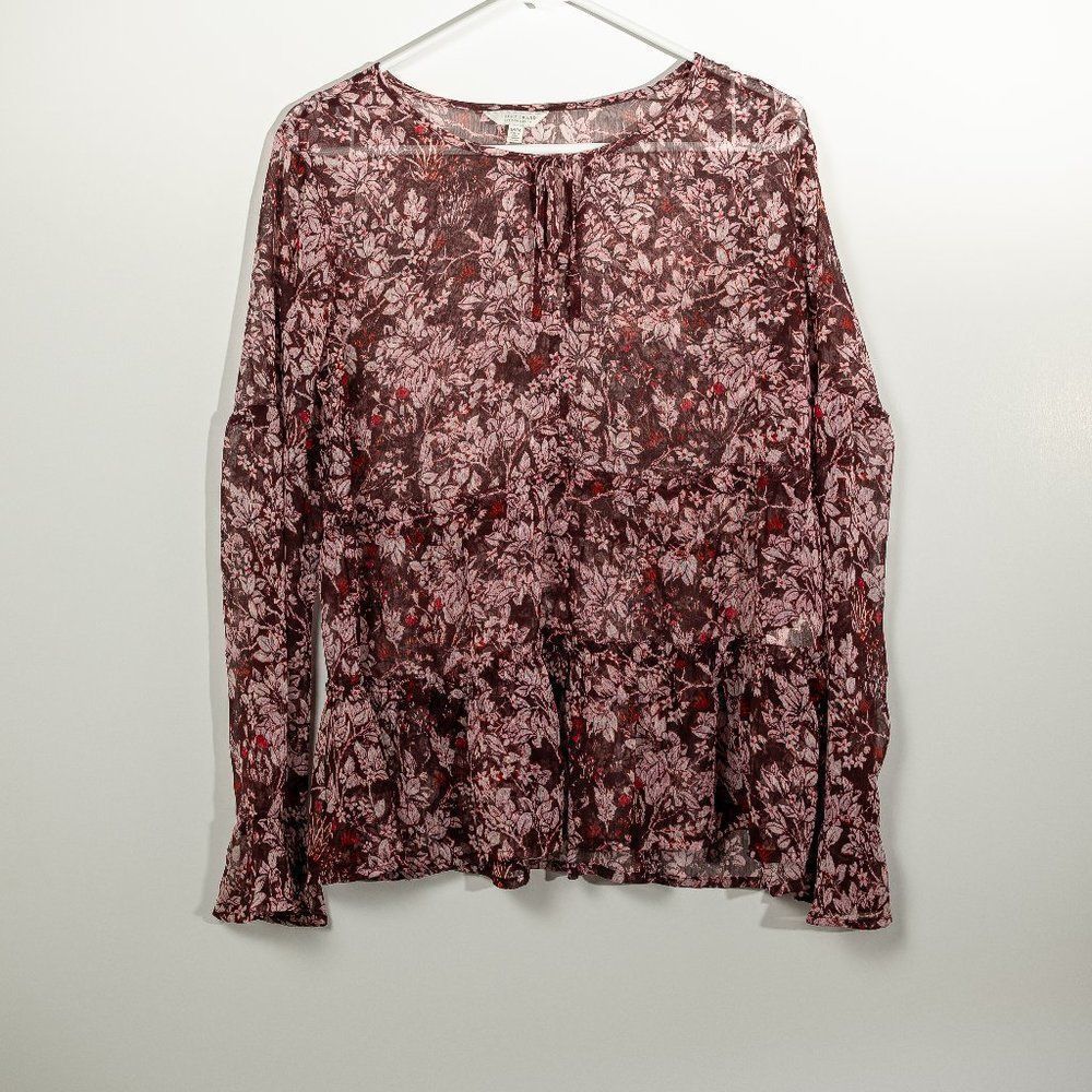 Lucky Brand Floral Sheer Peasant Knit Top Pink & Maroon Paisley Print size M